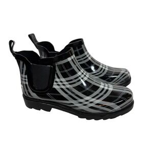 Womens Plaid Chelsea Ankle Rain Boots Black White Gray Size 7 Pull On